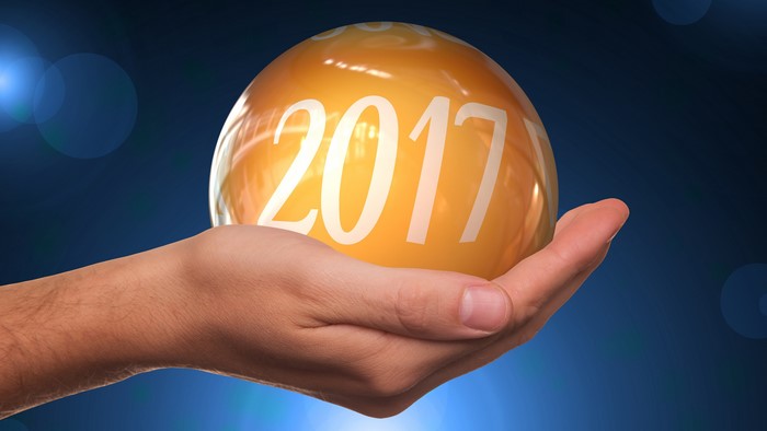 Hand holding a 2017 New Year's ball