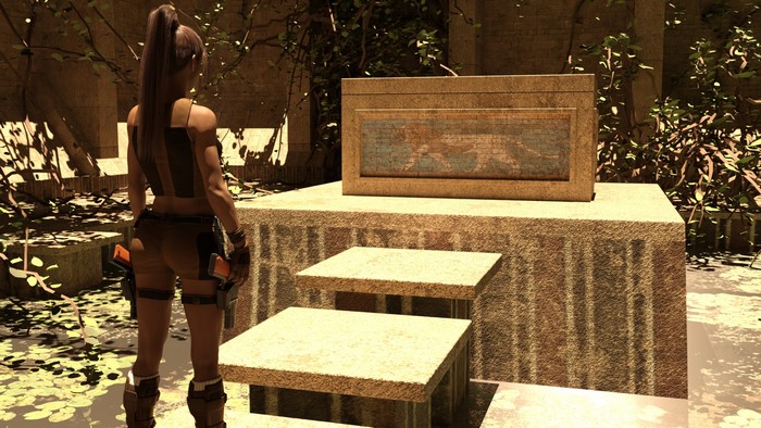 Lara Croft from Tomb Raider in ancient ruins
