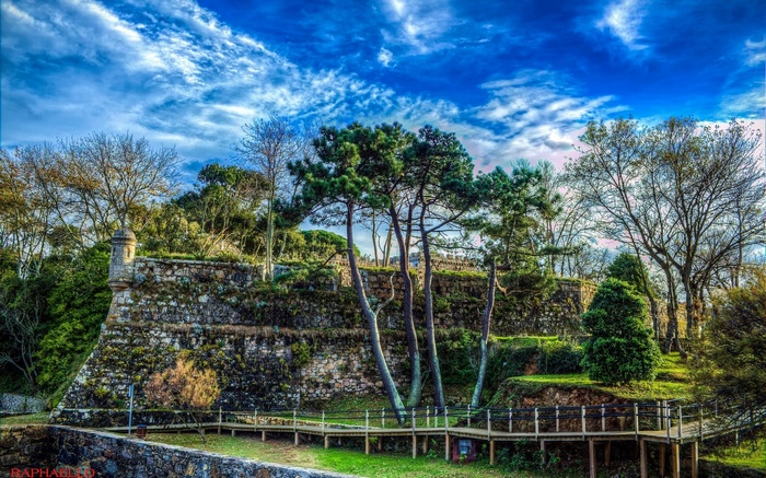 Stone fortress wall with watchtower and trees