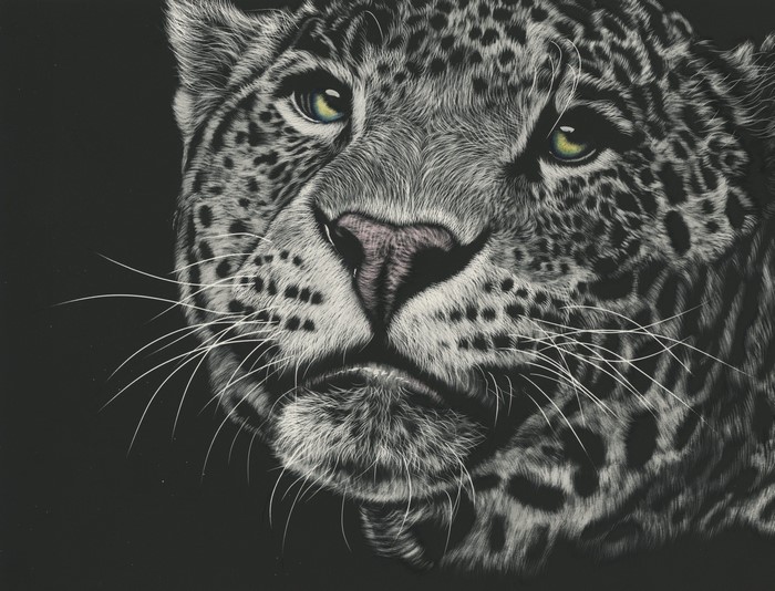 Close-up painting of a leopard's face