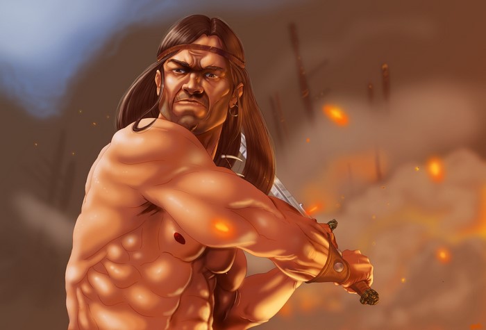 Muscular warrior with sword in battle