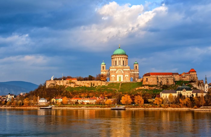 Esztergom Basilica and Castle on a hill overlooking a river in Hungary
