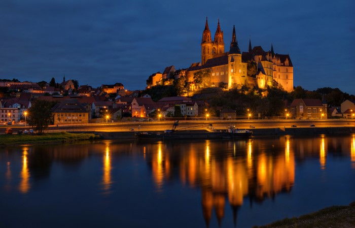 Meissen Albrechtsburg Castle and River at Night