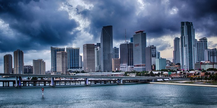 Miami Skyline with Bridge and Stormy Clouds