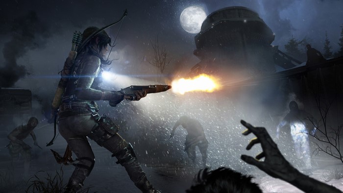 Lara Croft from Rise of the Tomb Raider firing shotgun at zombies at night