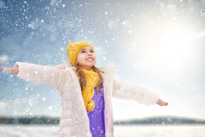 Girl in Winter Hat and Jacket in Snow