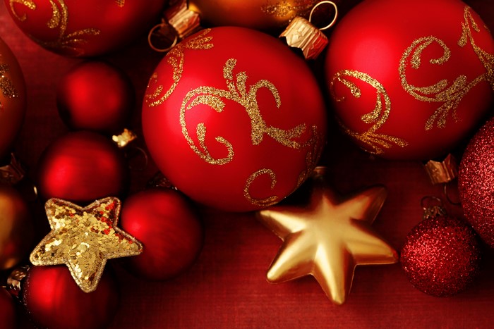 Red and gold Christmas ornaments and stars