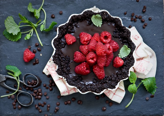 Chocolate Raspberry Tart with Mint and Chocolate Chips