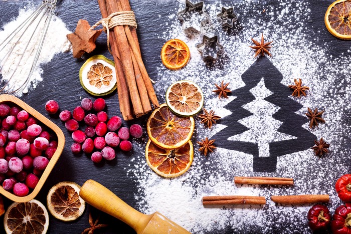 Christmas baking ingredients with powdered sugar Christmas tree