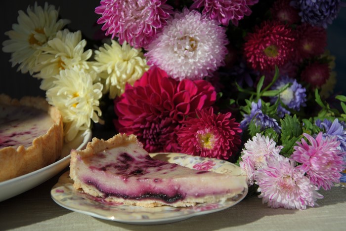 Asters and a slice of blueberry pie