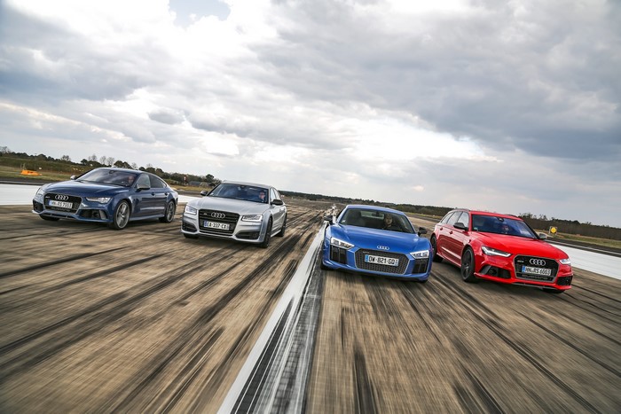 Audi RS7, RS8, R8, and RS6 Avant on a Racetrack