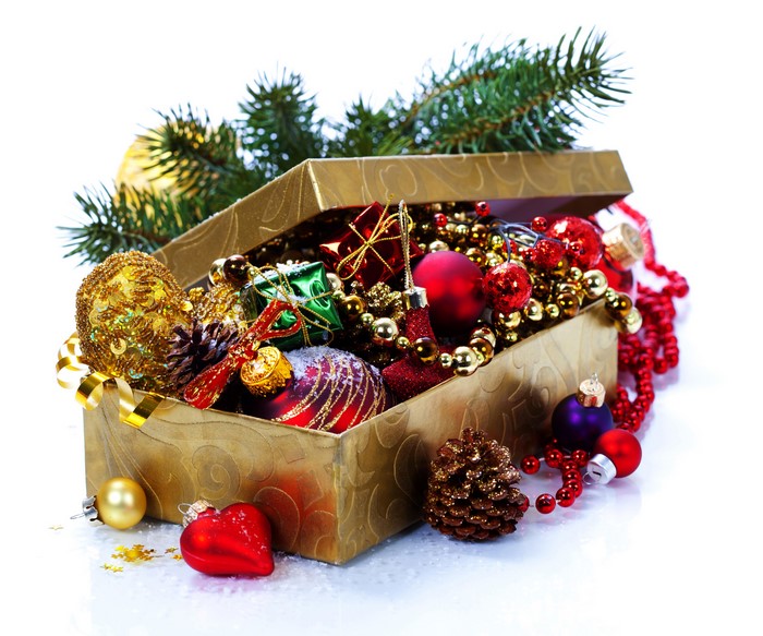 Christmas Ornaments in a Box with Pine Branches