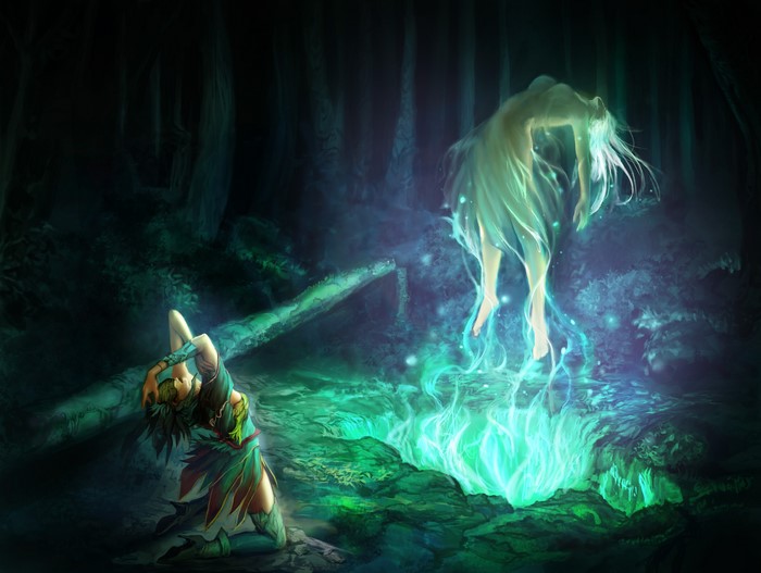 Ghost emerging from magical fire in a dark forest