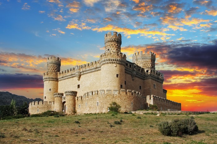 Manzanares el Real Castle in Spain at sunset