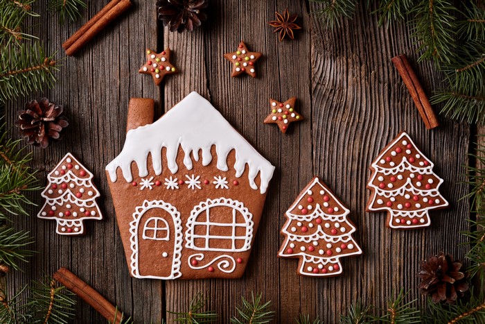 Christmas gingerbread cookies on wood planks
