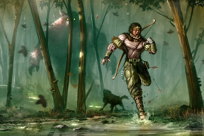 Archer running from monsters in a forest