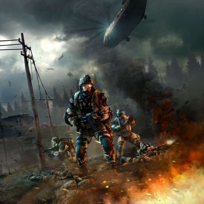 Soldiers in combat with helicopter overhead