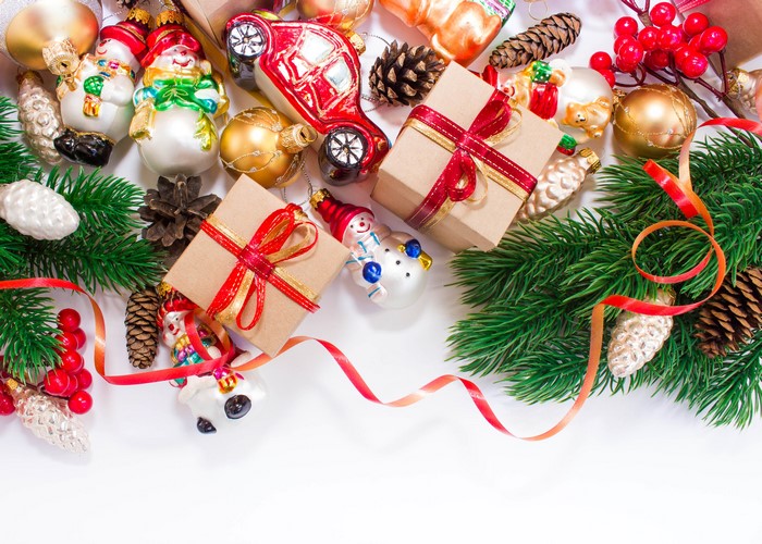 Christmas Ornaments and Gifts with Pine Cones and Branches
