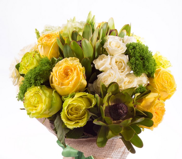 Bouquet of Yellow and White Roses with Greenery