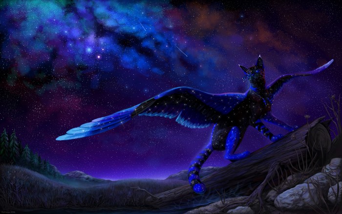 Winged Cat Creature Under Starry Night Sky