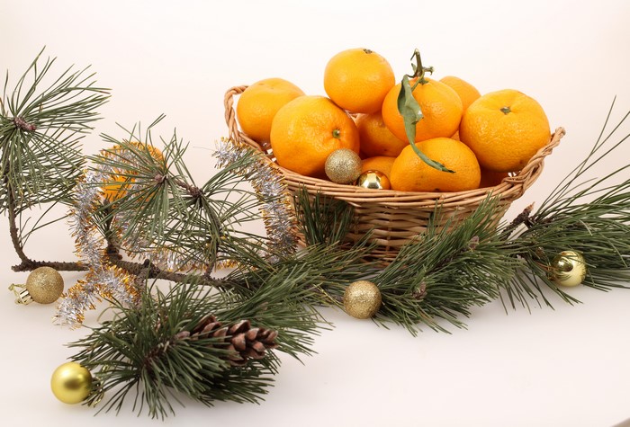Christmas Mandarines in Wicker Basket with Pine Branches and Balls