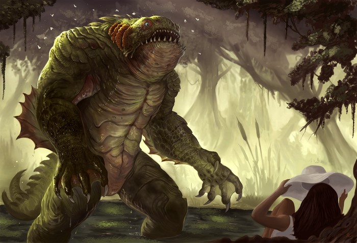 Swamp monster confronts a woman in a hat