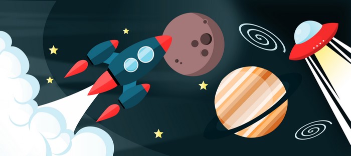 Rocket and UFO in Space with Planets