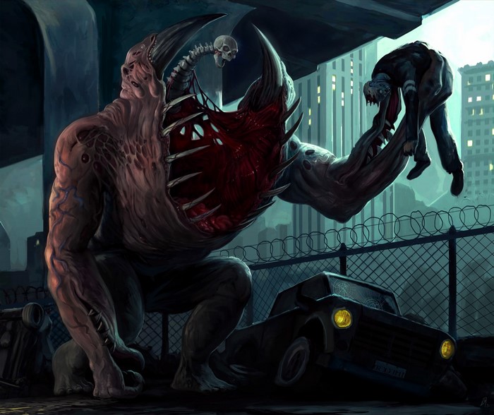 Monster holding a human in a destroyed city