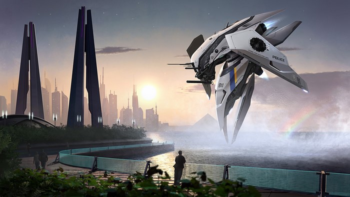 Futuristic police vehicle flies over a city skyline