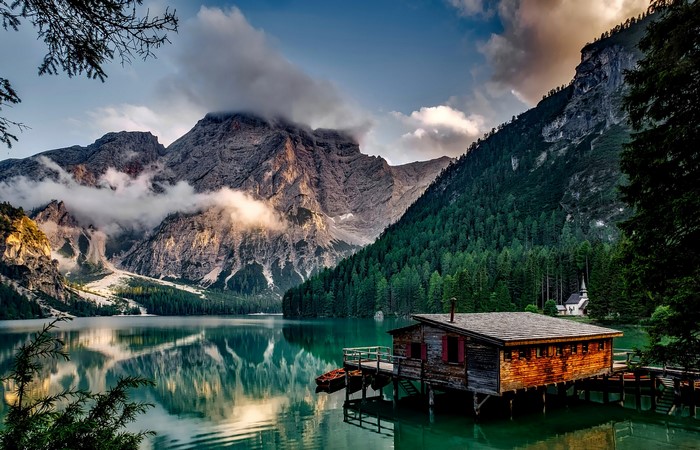 Lake Braies South Tyrol Italy Mountains Forest Scenery