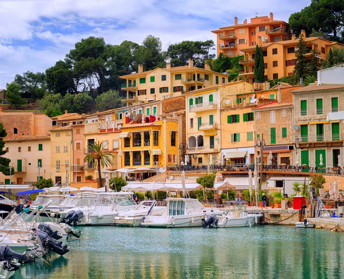 Puerto Soller Marina with Colorful Houses and Boats