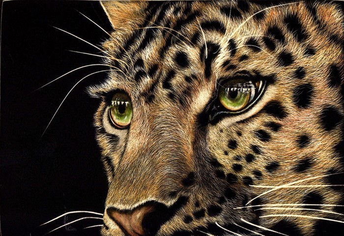 Close-up painting of a leopard's face with green eyes