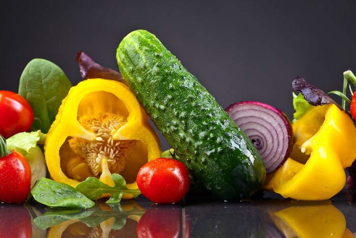 Vegetables: Cucumbers, Tomatoes, Bell Pepper, Onion, Spinach