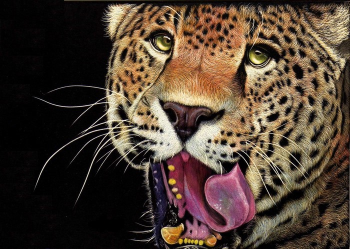 Close-up painting of a leopard with its tongue out