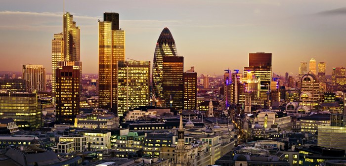 London skyline with skyscrapers at dusk