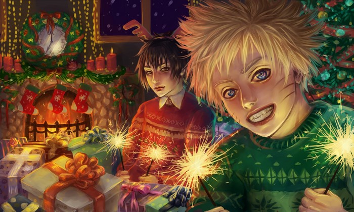Naruto and Sasuke celebrating Christmas with sparklers