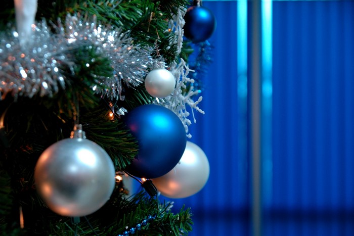 Christmas tree with blue and silver ornaments