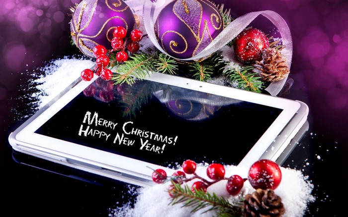 Christmas and New Year tablet greeting card with ornaments