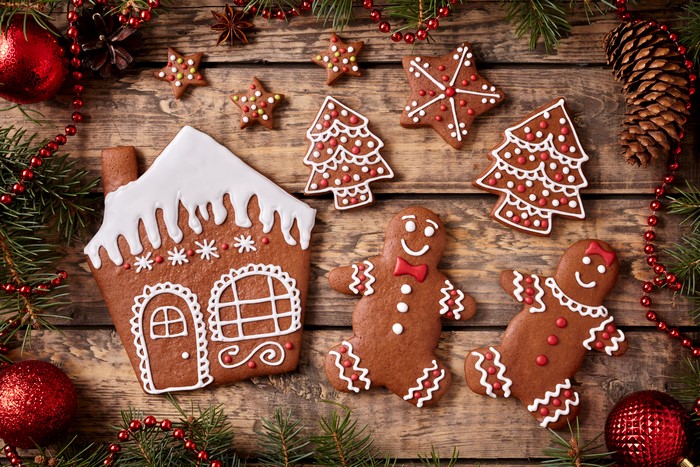 Christmas gingerbread cookies on wooden planks