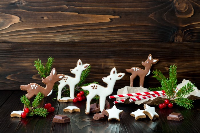 Christmas deer cookies with chocolate and pine branches