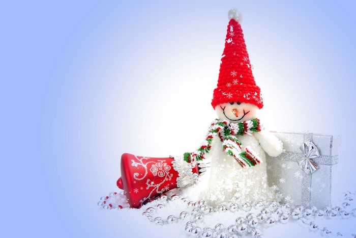 Christmas snowman with gift and bell