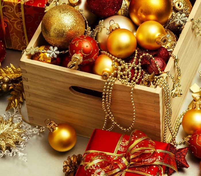 Christmas Ornaments in a Wooden Crate