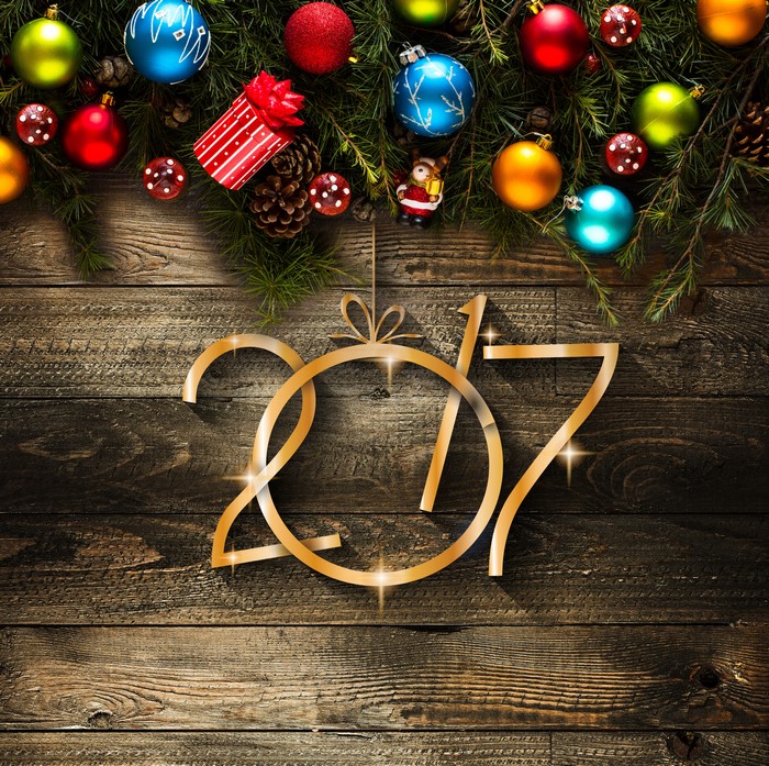 2017 Christmas ornaments on wood planks