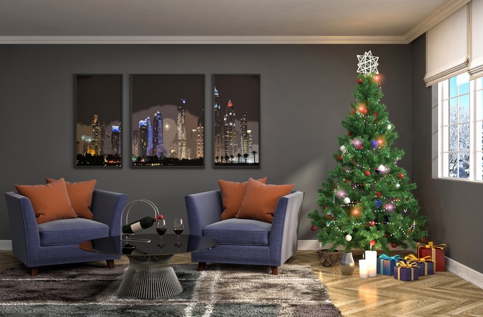 Christmas interior with armchair and tree