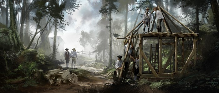 Men building a structure in a forest, Assassin's Creed 3