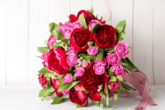 Bouquet of Red and Pink Roses and Peonies