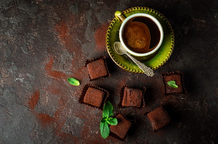 Coffee cup with chocolate truffles and mint