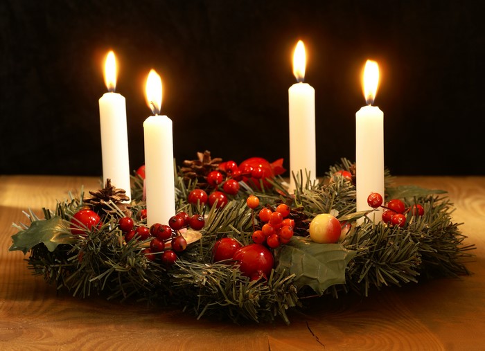 Christmas Advent Wreath with Four Lit Candles