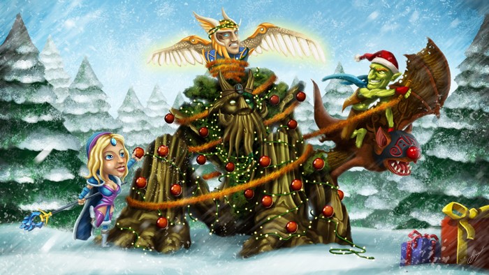 DOTA 2 characters celebrating Christmas in a snowy forest