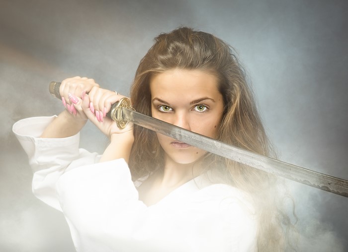 Woman with Katana in Smoke